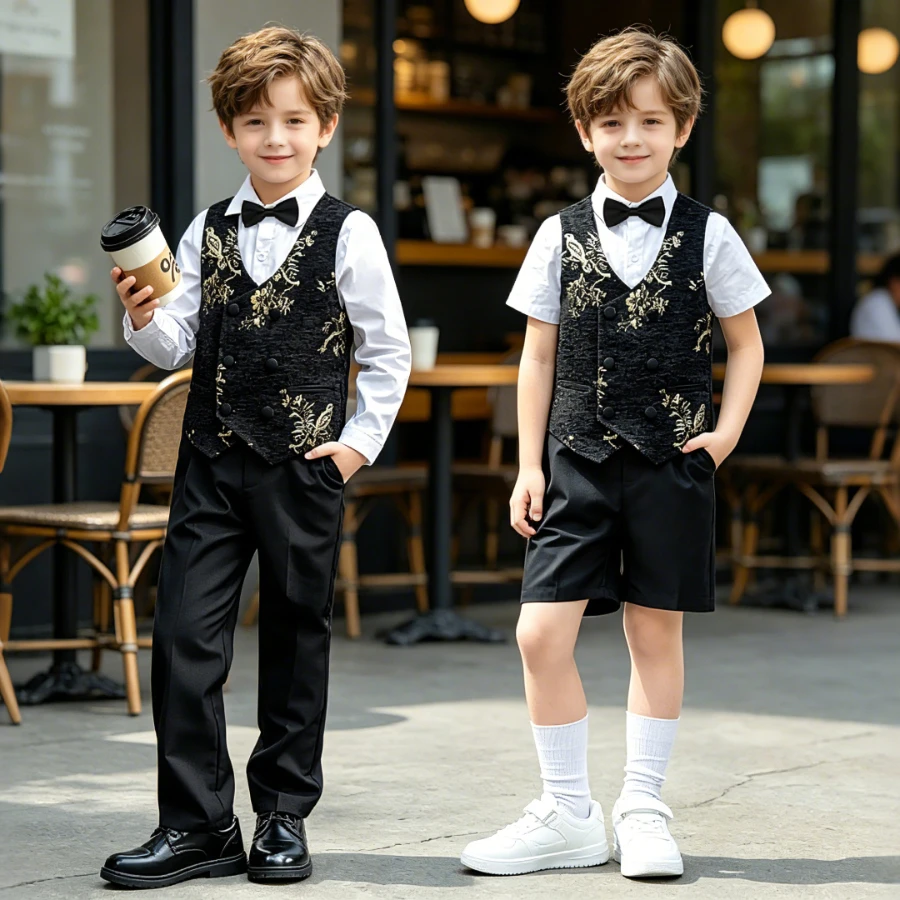 Boys Floral Embroidery Vest Outfit Long Short Sleeve Shirt Pants Shorts Bow Tie Kids Formal Suit Wedding Stage Birthday Costume