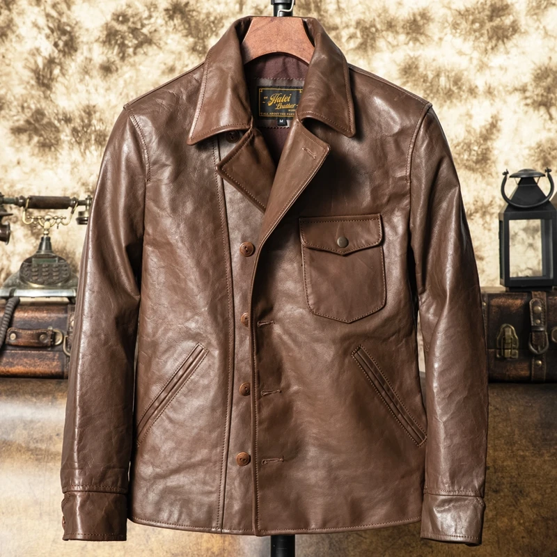 

Light Brown Autumn Leather Jacket Men Retro Style Plus Size 5XL Genuine Natural Cowhide Single Breasted Turn-Down Collar Coat