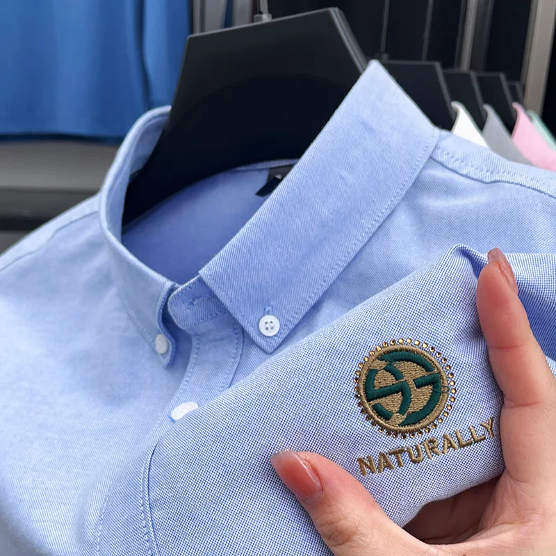 cotton100% men's high quality autumn long sleeves shirt lapel embroidery solid color t-shirt leisure fashion men's clothing tops