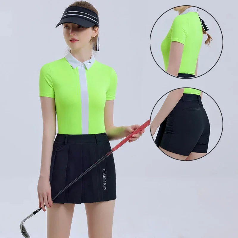 

DK Women Shorts Pleated Pocket Skort Ladies Slim Patchwork Tops Short Sleeve Golf Polo T-shirt Sportswear High-Waist Golf Skirts