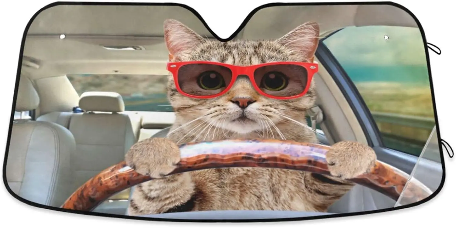 

Fun Cute Cat Driving Car Windshield Sun Shade Foldable UV Ray Sun Visor Protector Sunshade to Keep Your Vehicle Cool (55" x 27.6