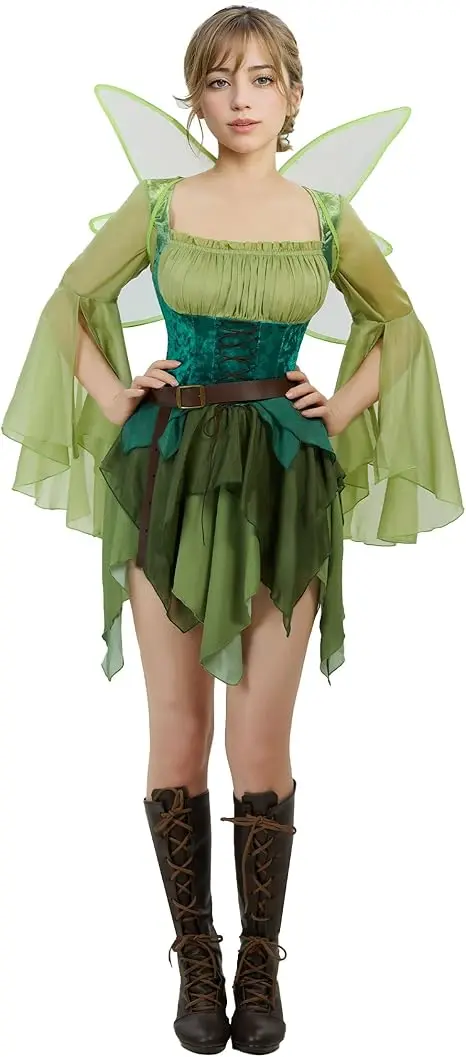 

miccostumes Women's Elf Medieval Green Fairy Dress Magical Elf Dress and Belt with Wings Halloween Cosplay Costumes