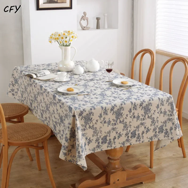 

Cotton Linen Korean Retro Blue Print Rectangular Table Cloth Kitchen Table Map Towel Tablecloth Christmas Decoration