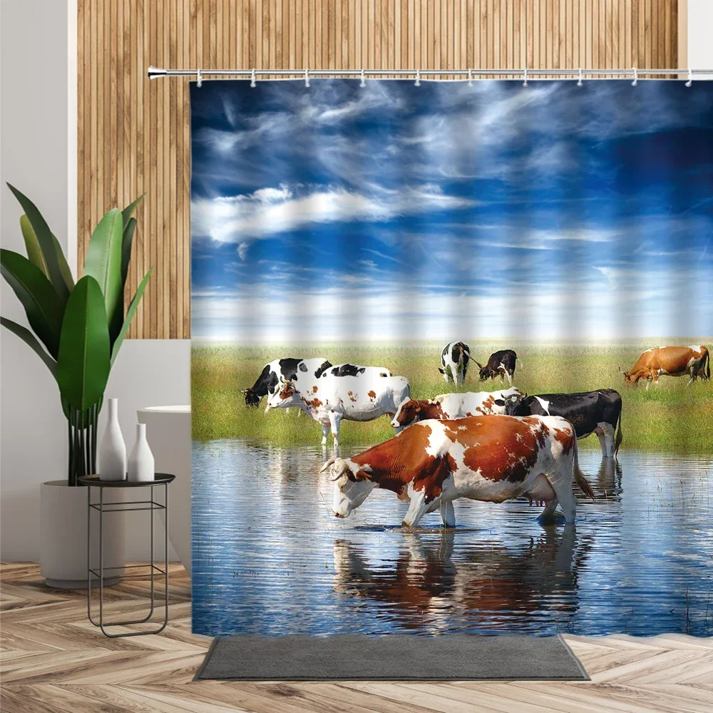 Farm Animals Cute Cow Shower Curtains Grassland Rural Scenery Bathroom Decor Waterproof Polyester Bathtub Screen with Hooks