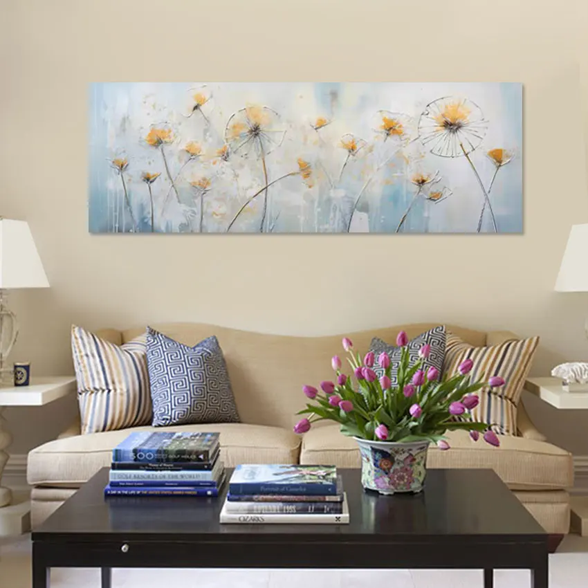 Dandelion Flowers Wall Picture, Hand Painted Abstract Oil Painting on Canvas, Modern Living Room, , Unframed Decoration Gifts