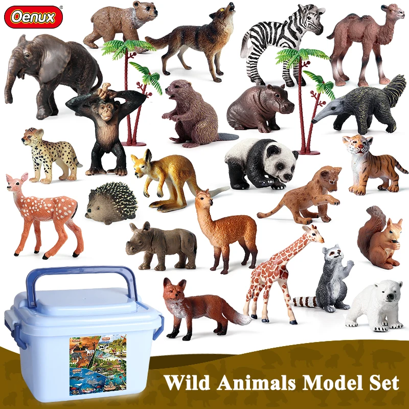 Oenux 35PCS Wild Animals Simulation Panda Squirrel Wolf Giraffe Tiger Model Set Action Figures Figurines Kids Education Gift Toy