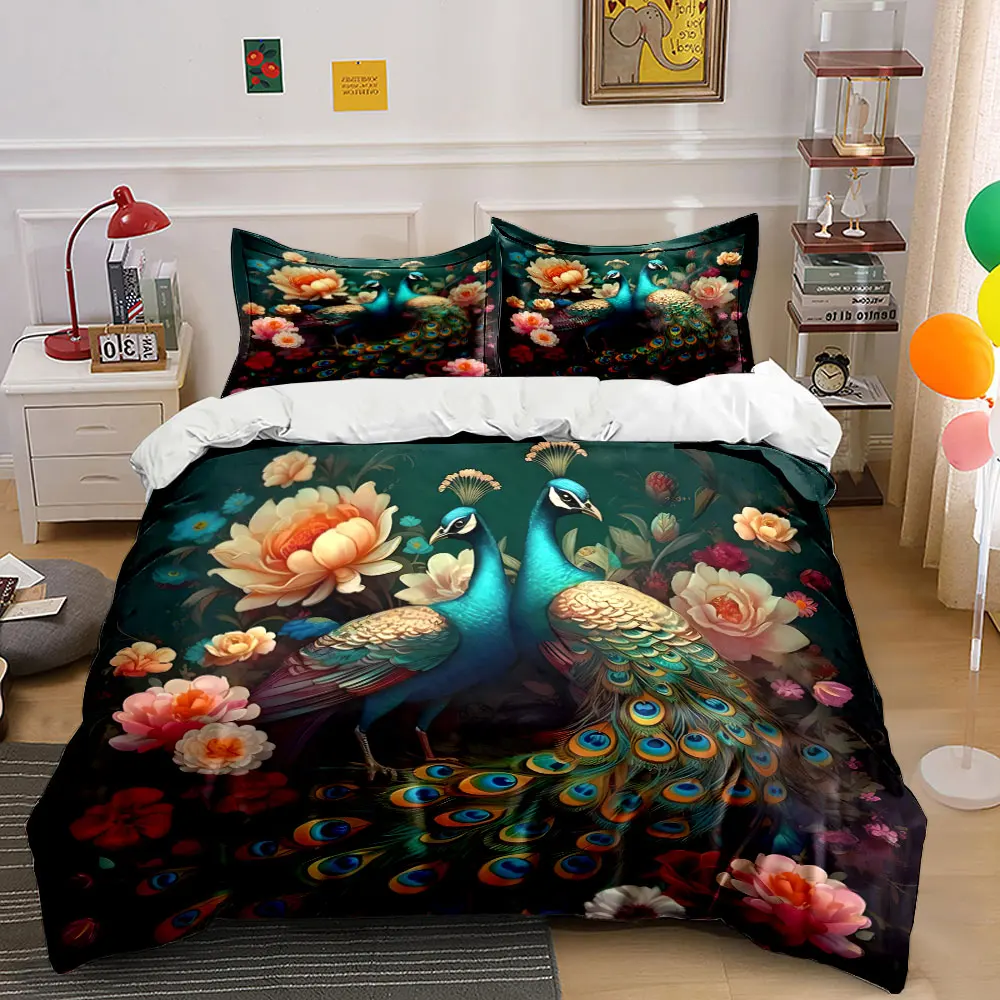 

Elegant peacocks with vibrant flowers Pattern Duvet Cover Set Digital Print Colorful Polyester Bedding with Zipper Closur