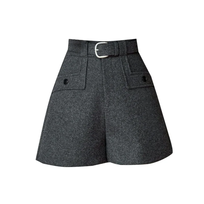 Woolen Winter Shots Woman High Waisted Wide Leg Short Pants Femme With Belt Black Gray Harem Outwear Cargo Shorts Women