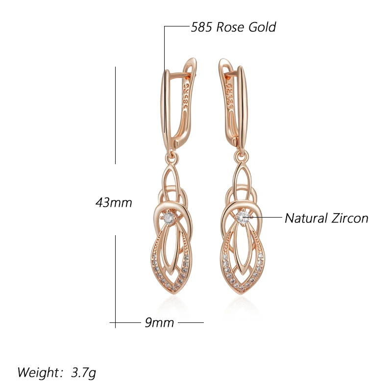 Kinel Fashion Glossy Hollow Geometry Drop Earring for Women Unusual Natural Zircon 585 Rose Gold Color Daily Fine Ethnic Jewelry