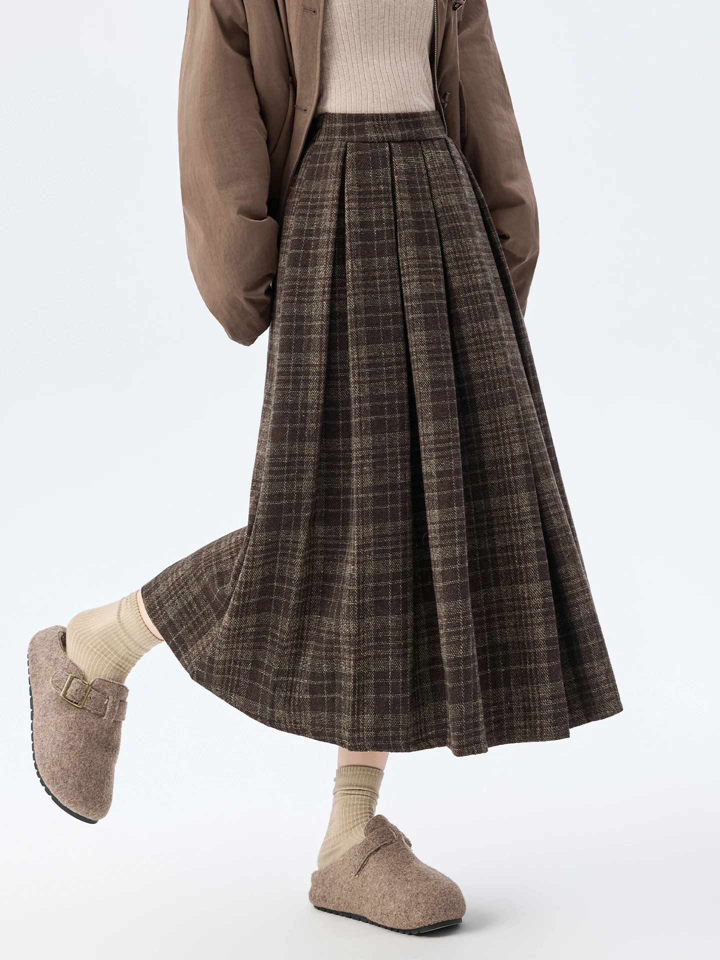 레트로 트위드 하이웨이스트 미디 스커트 여성용 겨울용 예술적 슬레 안티에이징 미디길이 A라인 스커트