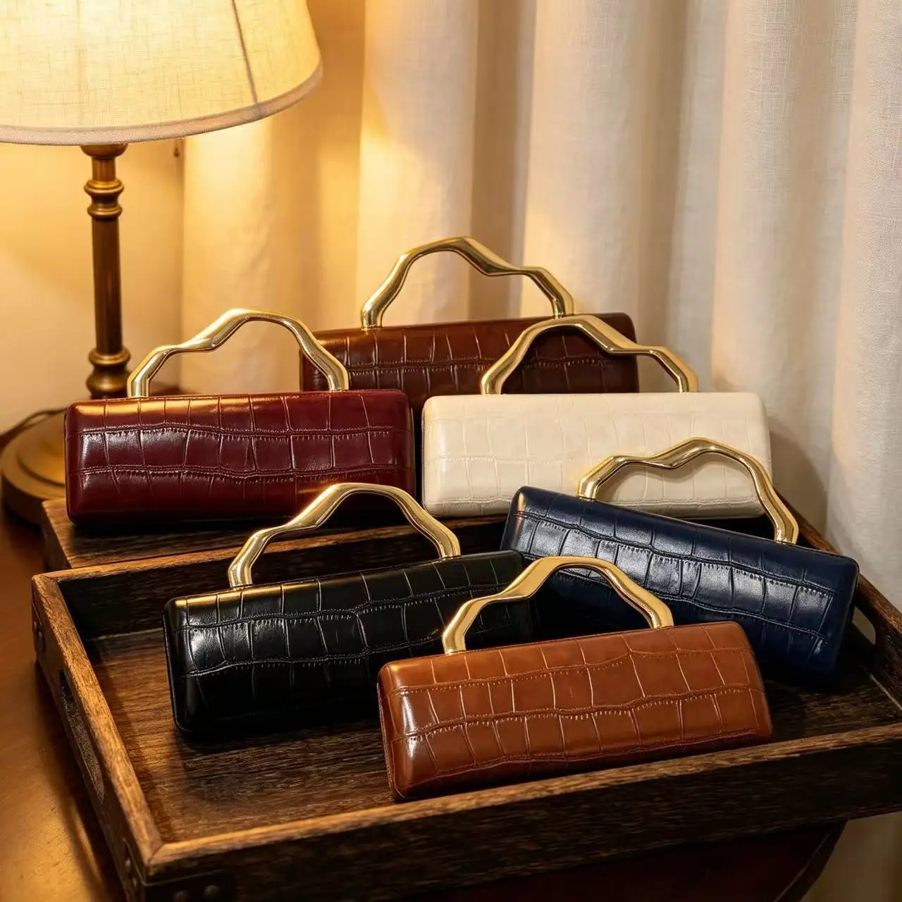 Beige Crocodile Embossed Cylinder Handbag Women Irregular Metal Handle Evening Bag Wedding Party Mini Clutch Purse