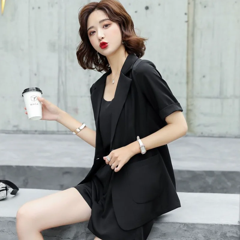 2024 White Summer Outfits Clothing Sleeve Blazer and Shorts Suit for Woman Business with Women\'s Short Pants Sets Tailoring Kit