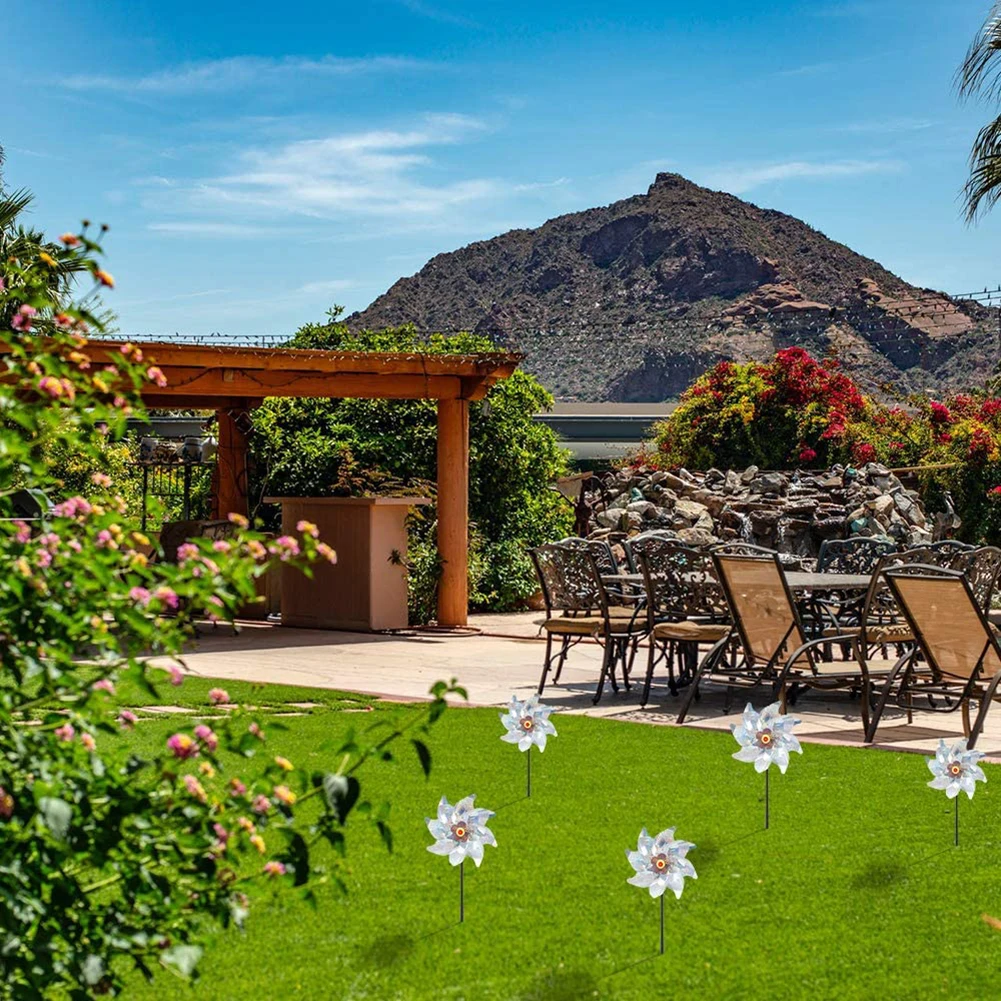 8 أوراق الطيور مبيد الحشرات طاحونة الدوار DIY الطيور رادع الدولاب الفضي