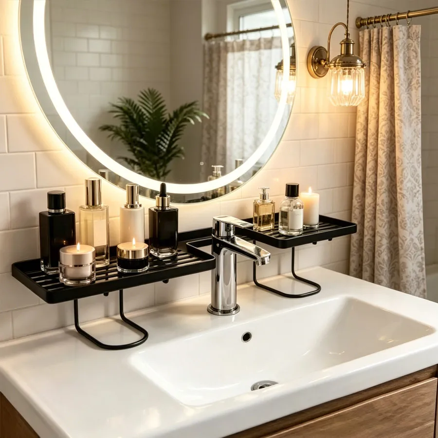 Bohrfreier Spülbecken-Organizer – Freistehendes Kohlenstoffstahl-Ablageregal für Armaturen, Platzsparender Badezimmer-Arbeitsplatten-Organizer – Detail 4