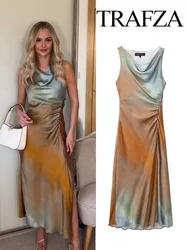 TRAFZA Women 2024 Summer Satin Print Tie Dye Midi Dress Woman Fashion Evening Elegant Sleeveless Hem Folds Dresses Vestidos