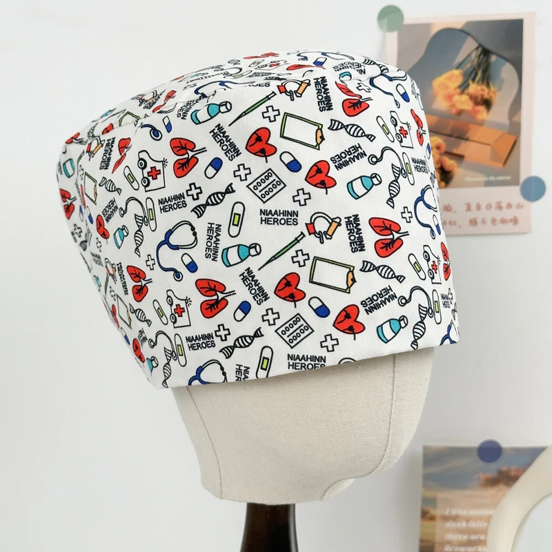 Comfortable Thickened Pure Cotton Operating Room Hat Printed Men's Nurse Cap Absorbent Sweat Towel Unisex Cartoon Design
