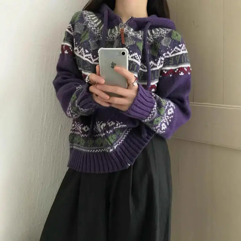 

Korean Style Women's Knitted Cardigan Hooded Girl's Jacquard Fair Isle Sweater Zipper Knitwear Pullover Autumn Winter Coat Top