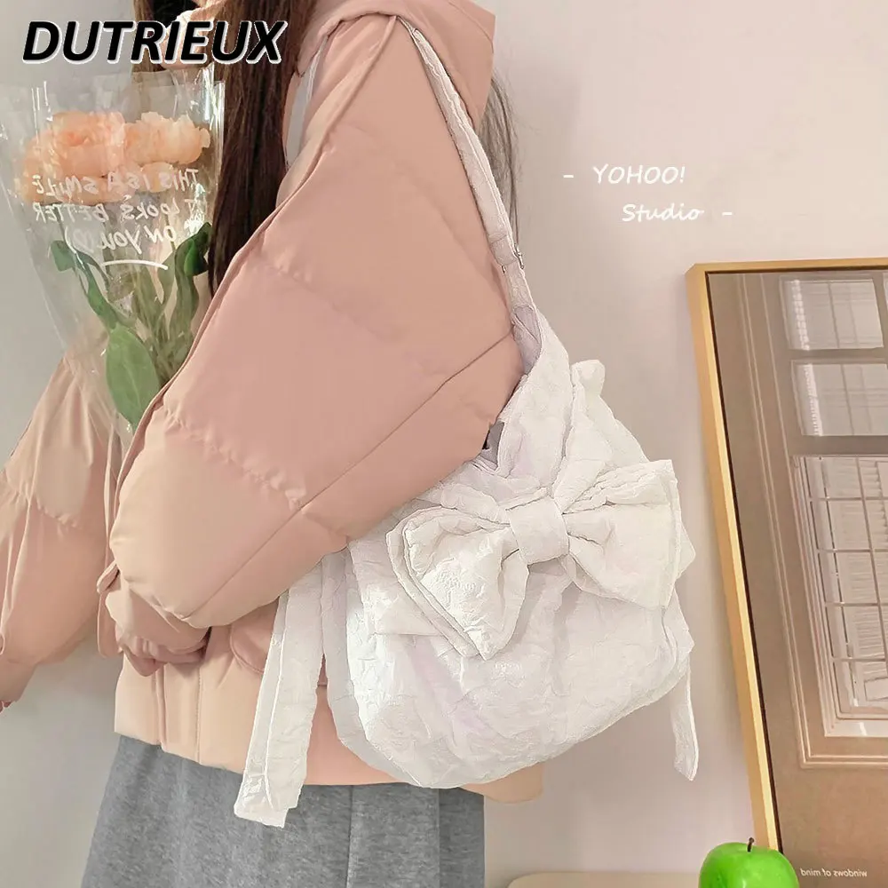 Fashion Japanese Style Women's Handbags Bow Pleated Texture Crossbody Bag Casual Portable Shoulder Canvas Bags Spring Summer