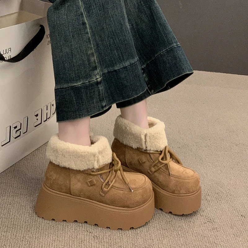

7 CM Winter Chunky Platform Women Fur Snow Boots Keep Warm Thick Sole Warm Cotton Short Booties Shoes Zapatos Mujer