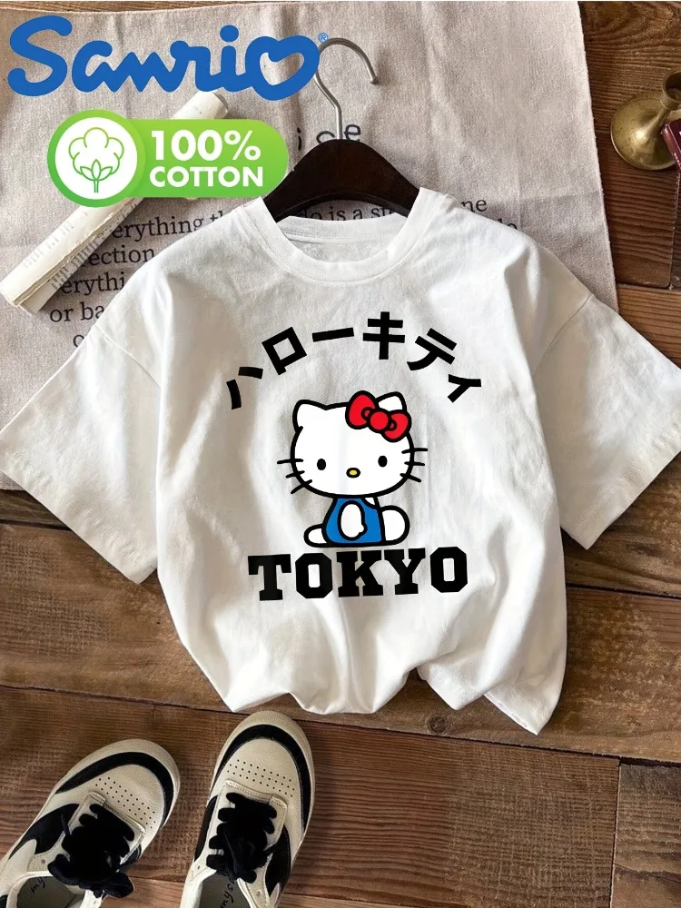 

Tokyo Blue Kitty Cat Print T-Shirt Women's Short Sleeve Crew Neck Casual Top All-Season Y2K Streetwear