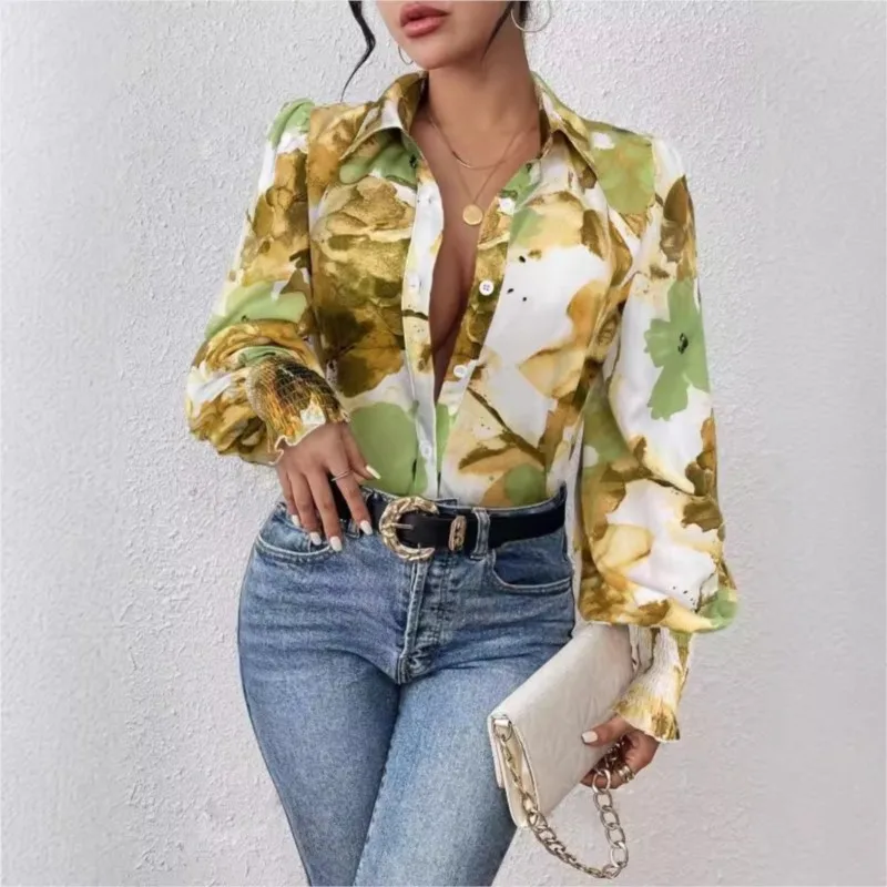 

New Elegant Women's Boho Flower Print Shirt Spring Autumn Lapel Single-breasted Shirt Blouse Female Bubble Long Sleeve Slim Tops