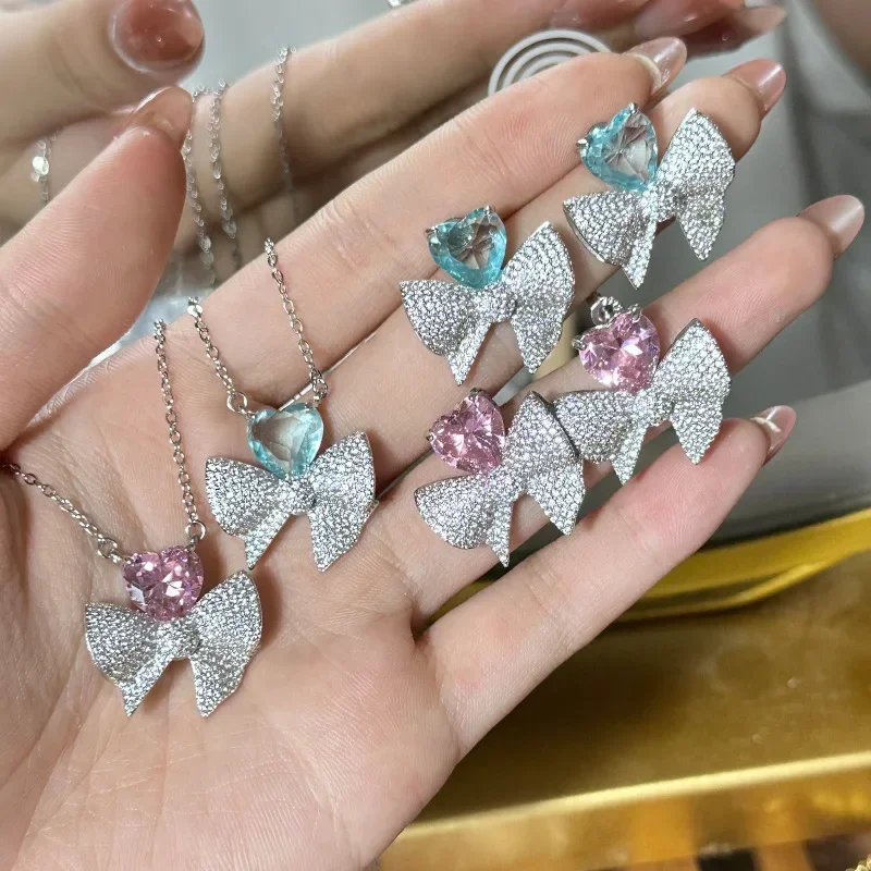 

MDL Moissa!ite Style Sparkling Peach Heart Gemstone Earrings Set 18K Jewellery Peach Pink Zircon Heart Ribbon Pendant