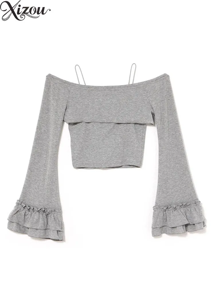 Bell Sleeve Tie Top Camisole Two Piece Set Spring Summer Slim Gray Cardigan Casual Outfit Japanese Suspender Vest Spice Sweet