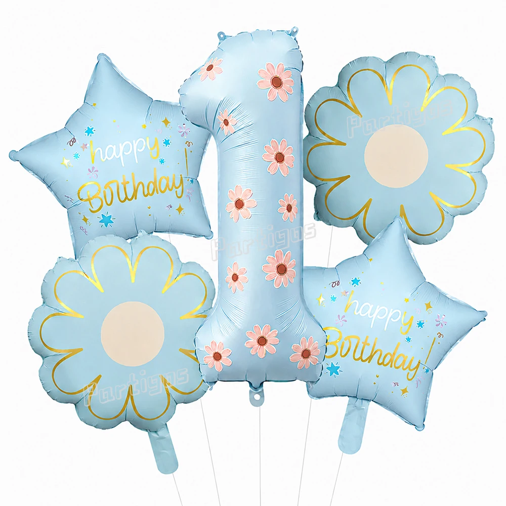 

7Pcs 1st Birthday Decorations 40In Blue Number 1 Foil Balloon with Daisy Flower Star Balloons Baby Shower Daisy Themed Supplies