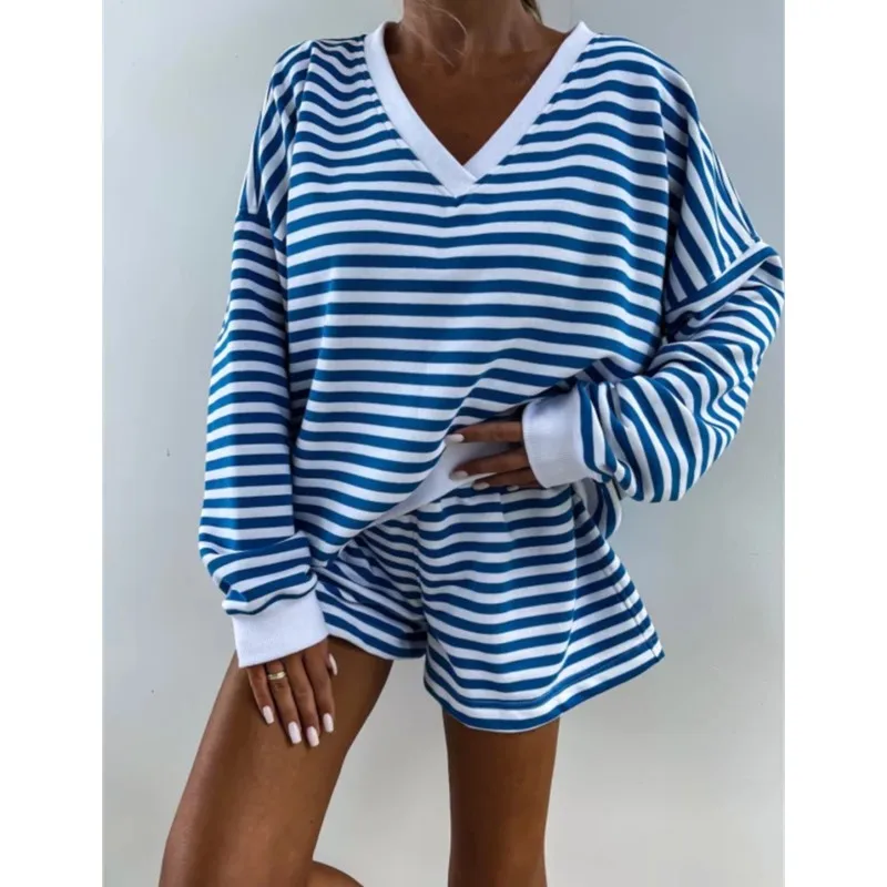 Women Fashion Stripe Print Pajama Suitautumn Spring V-neck Batwing Sleeve Loose Sweatwear & Shorts Set Casual Two Piece Sets