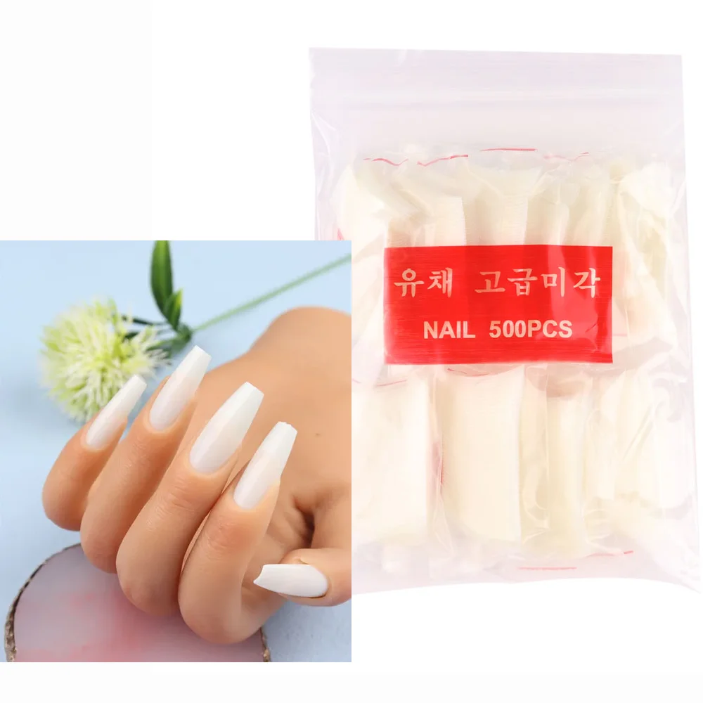 500 Pcs Coffin Nail Tips, Natural Color Acrylic Nail Tips Full Cover Artificial False Nails for DIY Nail Art or Silicone Hand