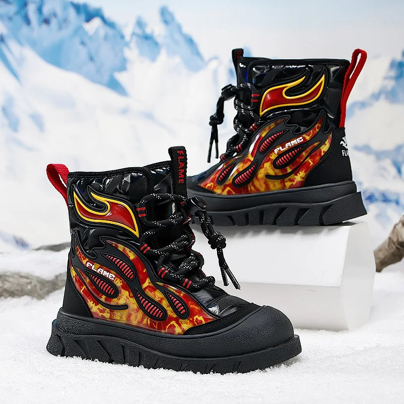 

Kids Winter Snow Boots Boys Girls Flame Design Black Waterproof Warm Hiking Shoes with Anti Slip Sole Children Ankle Boots