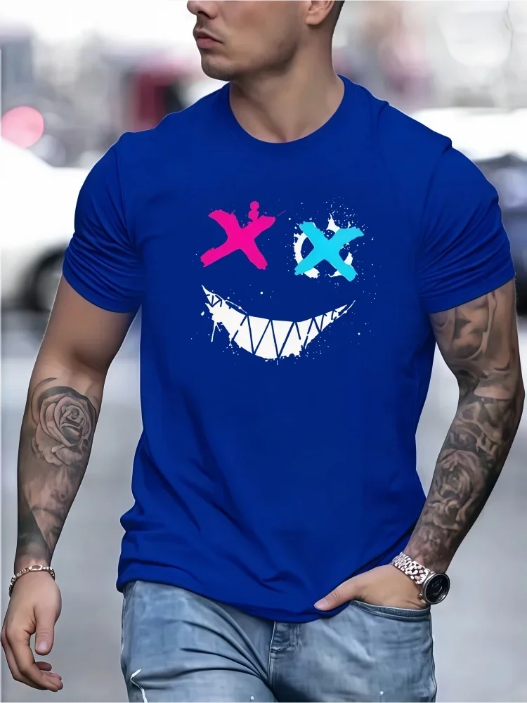Trendy Men's Cool Graffiti X‑Eye Smiley Face Graphic T‑Shirt Casual Crew Neck Short Sleeve Hip‑Hop Streetwear Tee Tops