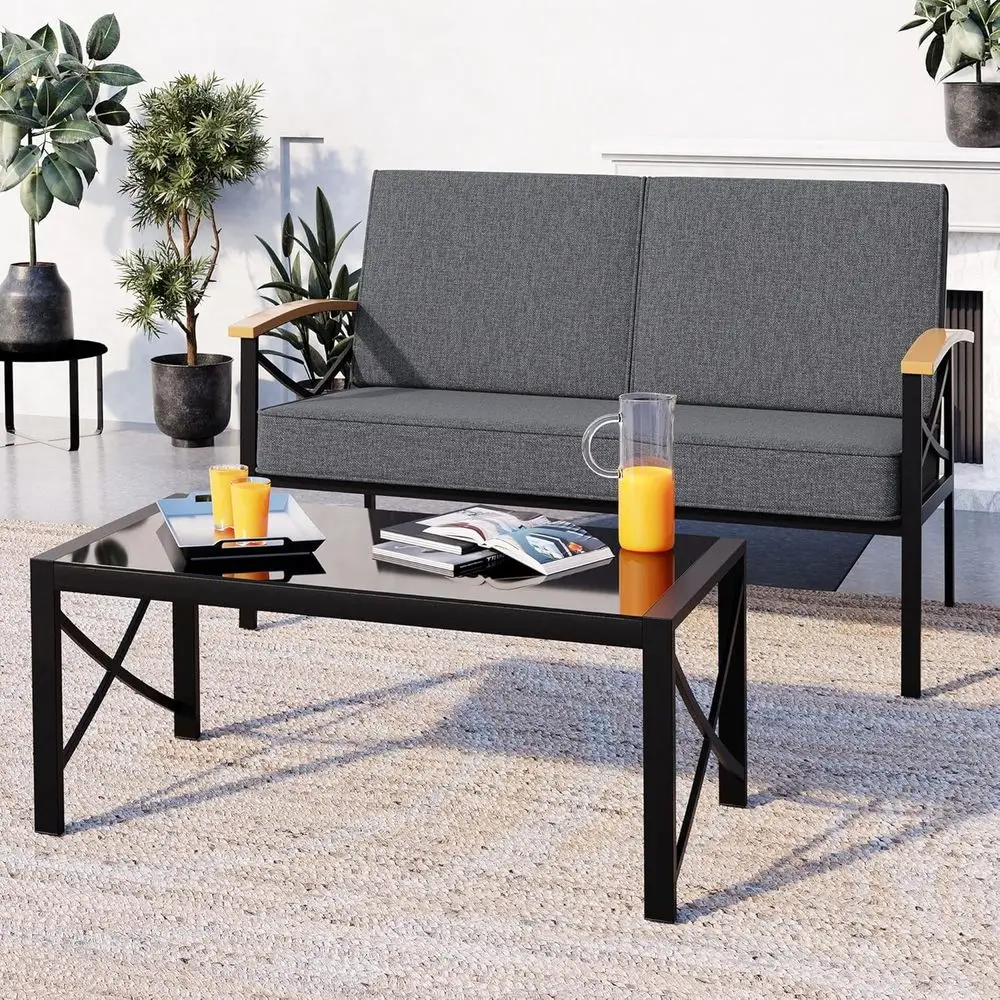 

Набор из 2 предметов для уличного патио из кованого железа со съемными подушками и журнальным столиком