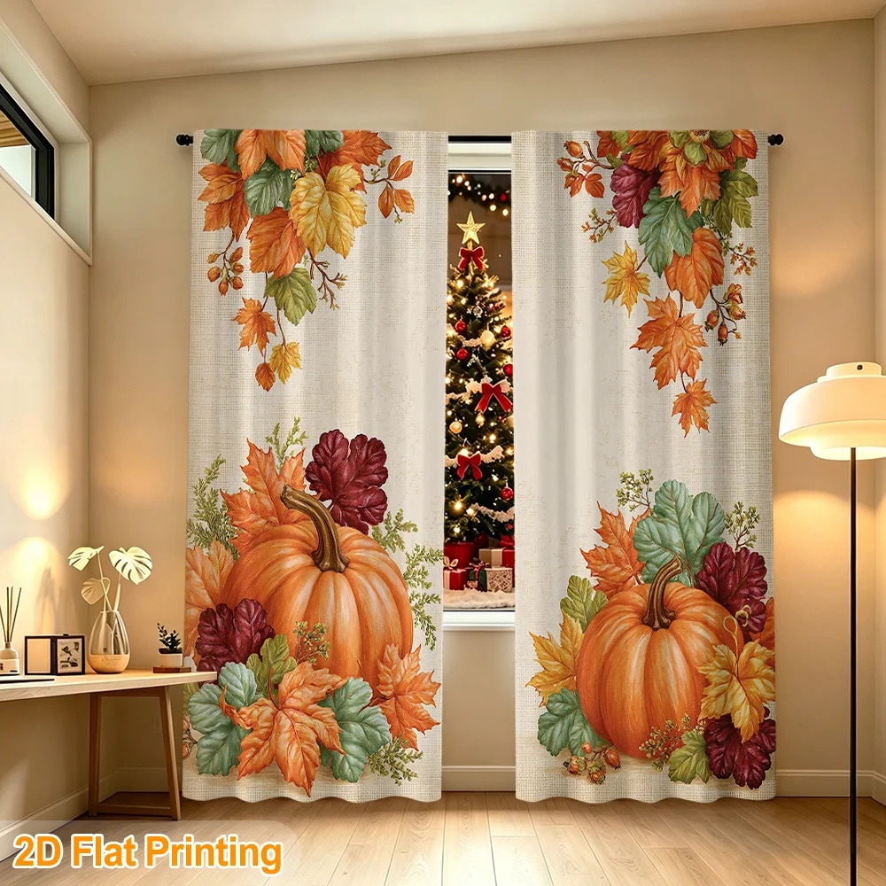 2PCS Thanksgiving Fall Curtains, Pumpkin Maple Leaf, Digital Print, Bedroom Living Room, Office, Bathroom, Dining Room