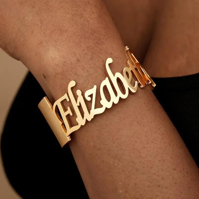 Custom Big Size Name Cuff Bracelet For Women Personalized Letter Wide Bangle Women's Fashion Jewelry Gold Color Stainless Steel