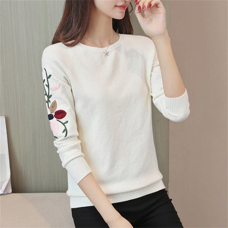 Women Clothing Spring Autumn Korean Embroidery Chic Basic Knitwear Trendy Female O Neck Long Sleeve Pullover Tops Casual Jumpers