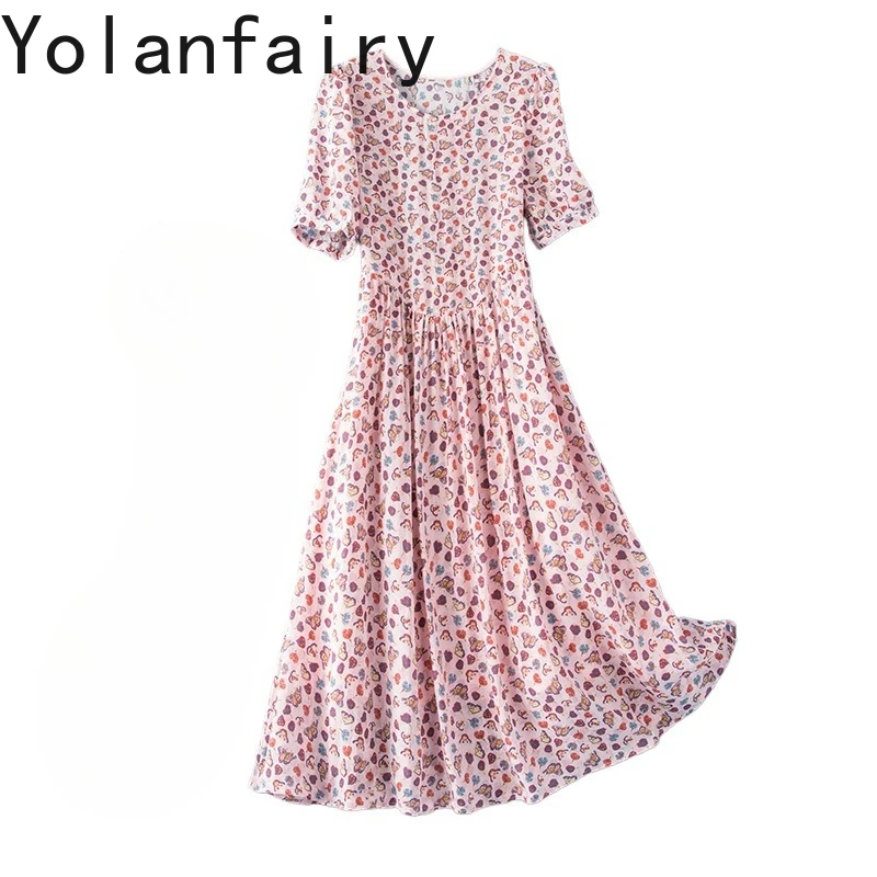

YOLANFAIRY 100% Real Mulberry Silk Dresses 2026 Woman Summer Fashion Printed Dress Women's Clothes Short Sleeve Elegant Dress