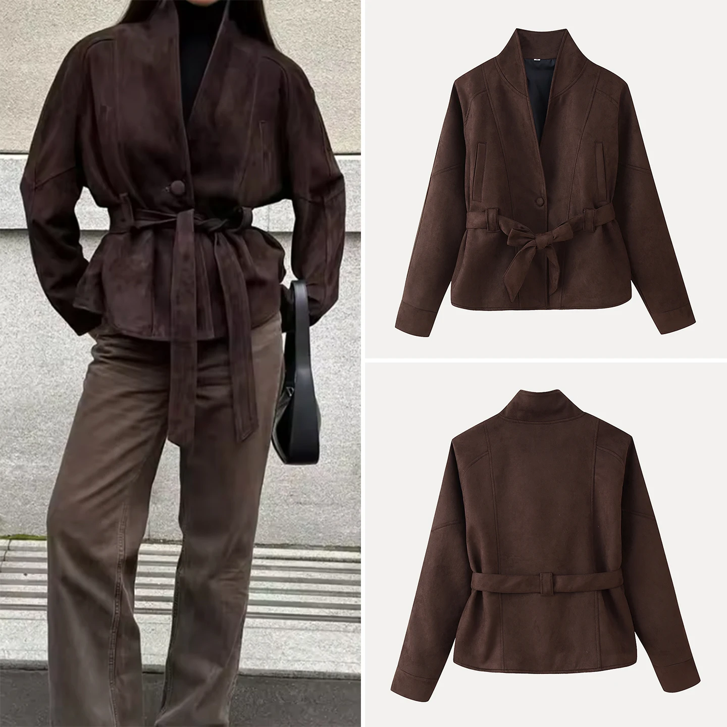 

Faionable Suede Jaet Women's Slim Fit Long Sve Turn-down Collar Waist-cinching Outerwear Autumn 2025 New Arrival