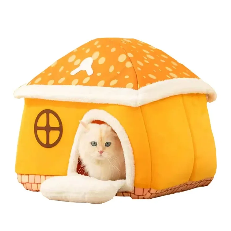 Plush Cat Dog Bed Mushroom House Design Cat Nest Detachable Winter Pet Nest Soft Windproof Keep Warm Dog House Pet Products