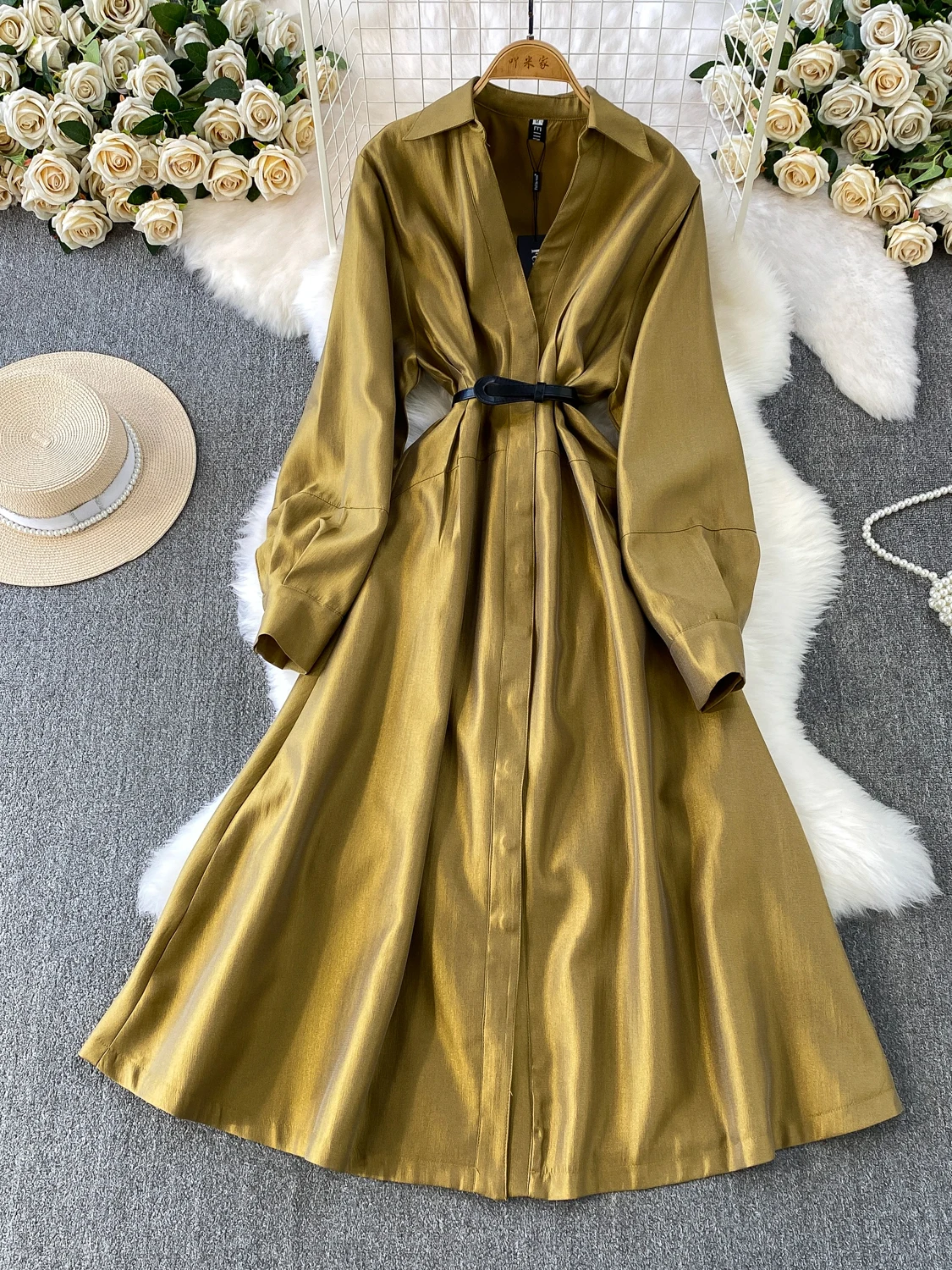 Superaen estilo francês retro cetim com decote em v vestido feminino outono nova cintura plissada elegante único breasted vestidos longos