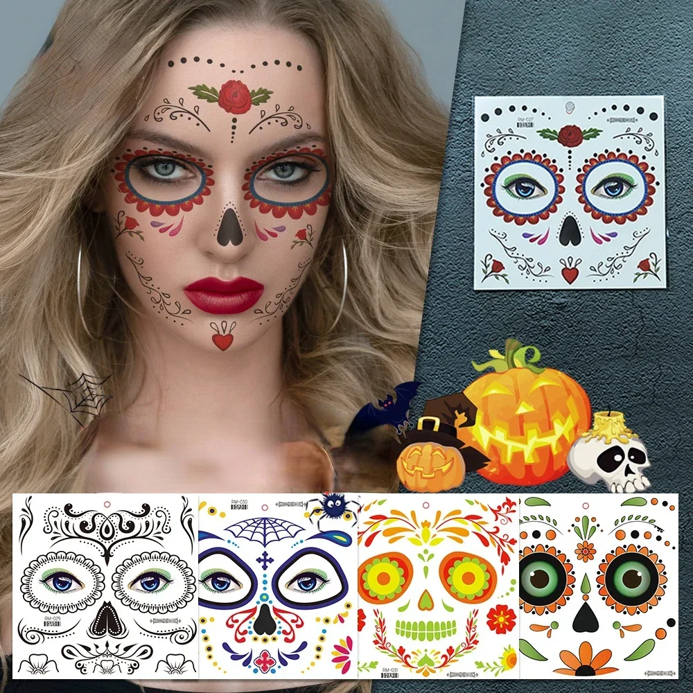 Heallor 1pcs Face Tattoo Sticker Day of The Dead Funny Halloween Temporary  Make Up Body Art Face Sticker for Festival Masquerad