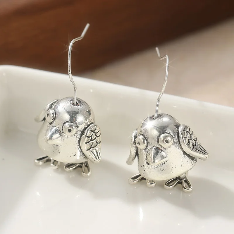 Unique Silver Color Geometry Dangle Women's Earrings Simple Creativity Hand Carving Bird Earrings Woman Vintage Jewelry