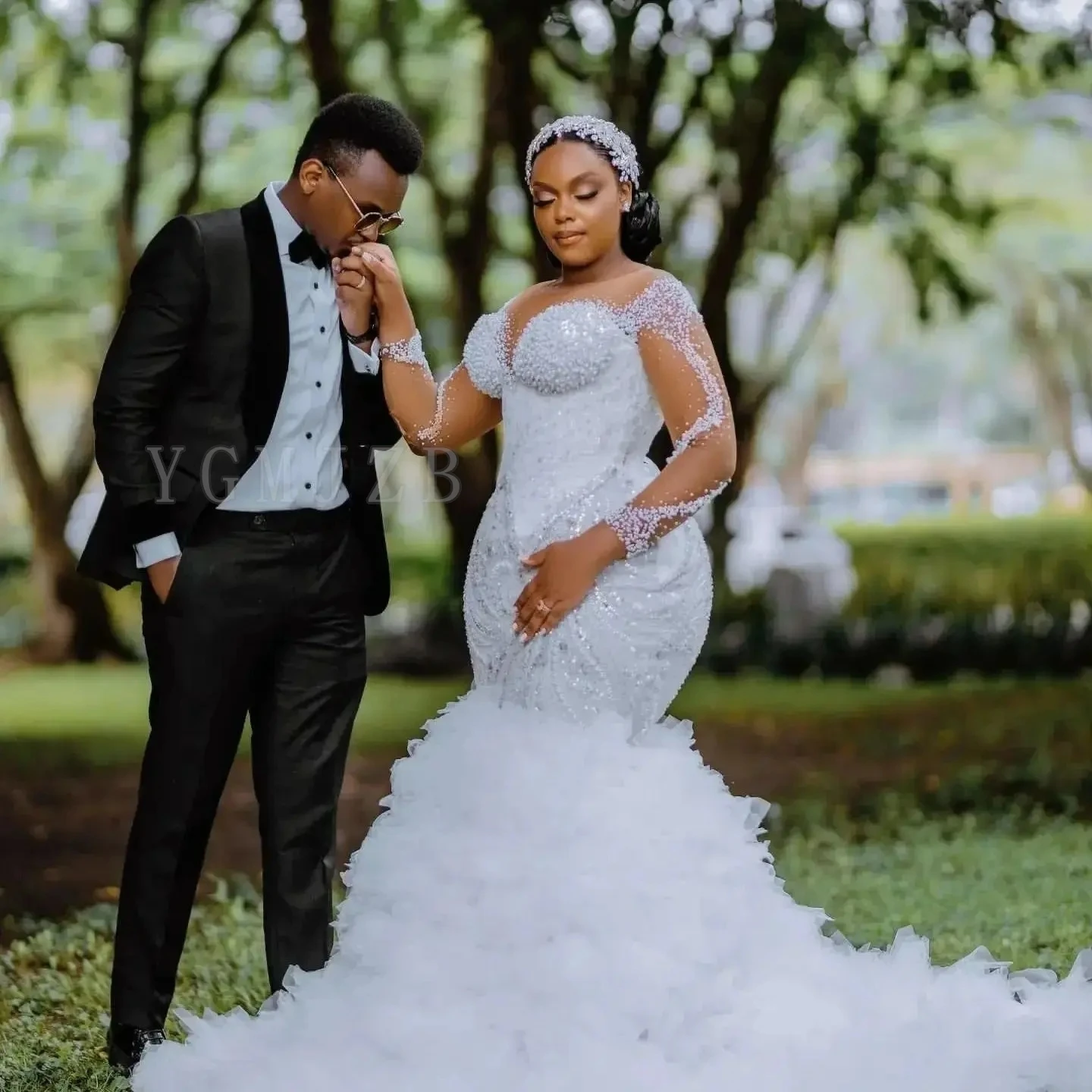 High Quality Pearls Beads African Wedding Dresses Luxury Mermaid Illusion Sleeve Ruffles Train Bridal Gown Customized