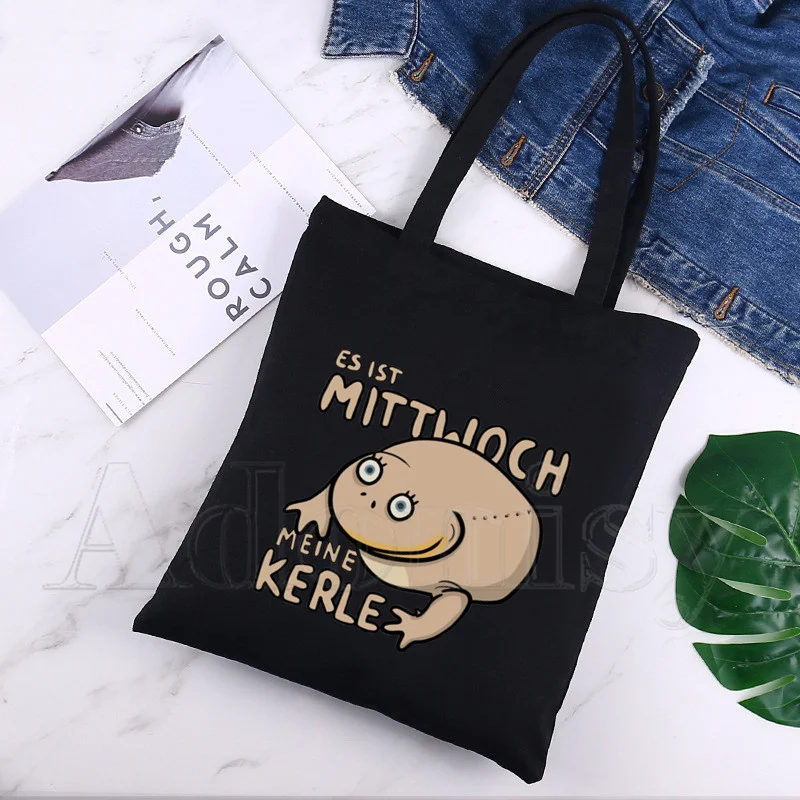 Wednesday Frog MILF Ladies Handbags Cloth Canvas Tote Bag Black Shopping Travel Women Eco Reusable Shoulder Shopper Bags