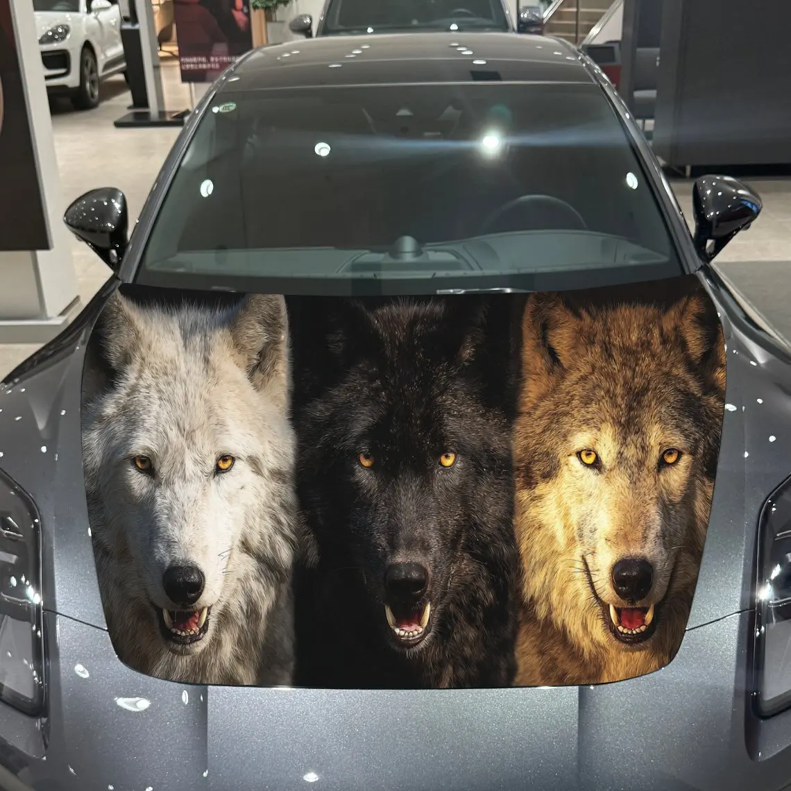 Tri-color Wolf Brave Exploration PVC Car Hood Wraps, Self-Adhesive Waterproof Car Bonnet Decal Sticker, Car Decoration Protectio