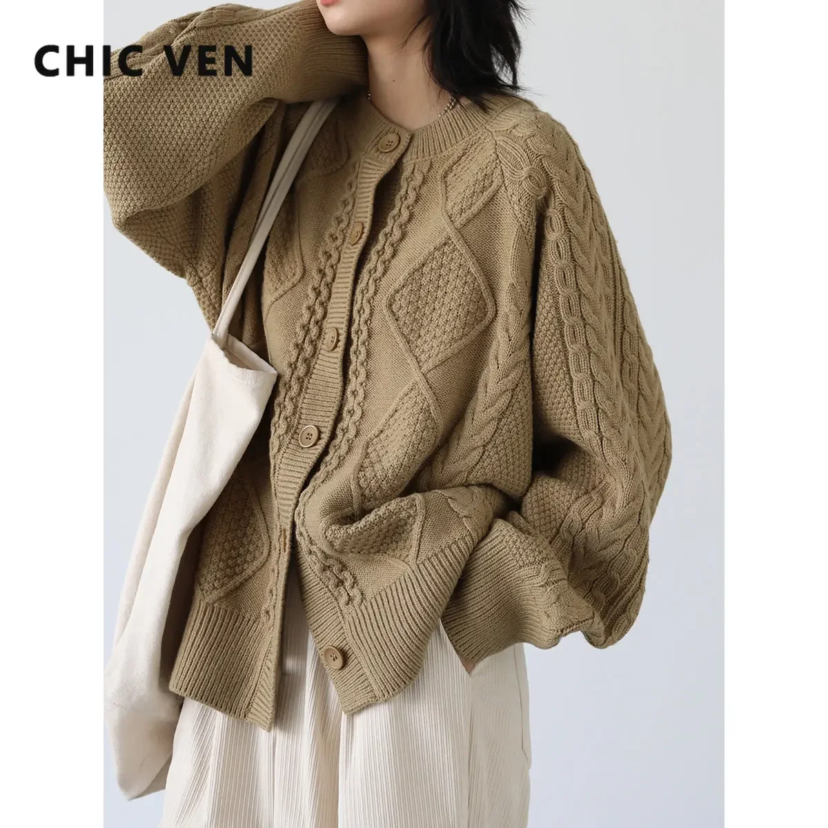 CHIC VEN Women Cardigan Casual Loose Twisted O Neck Long Sleeve Sweaters Thick Warm Female Tops Overcoat Autumn Winter 2023