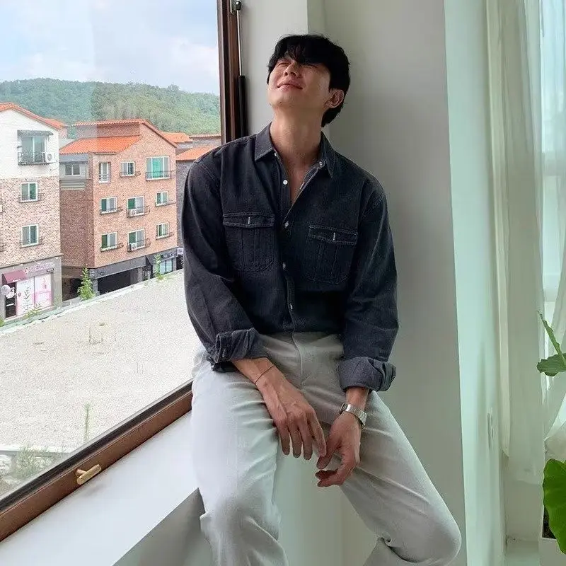 

Summer Washing and Old Denim Shirt Men's Spring Korean Style Loose High-end Long-sleeved Work Shirt JJ424