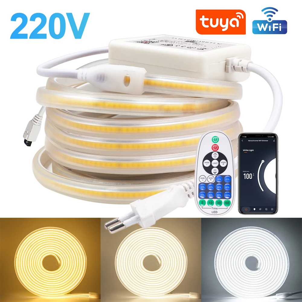 

Tuya WIFI COB LED Strip Light 288leds/M EU 220V CRI RA90 Outdoor Garden FOB LED Tape Dimmable with Switch/Dimmer/Remote Control