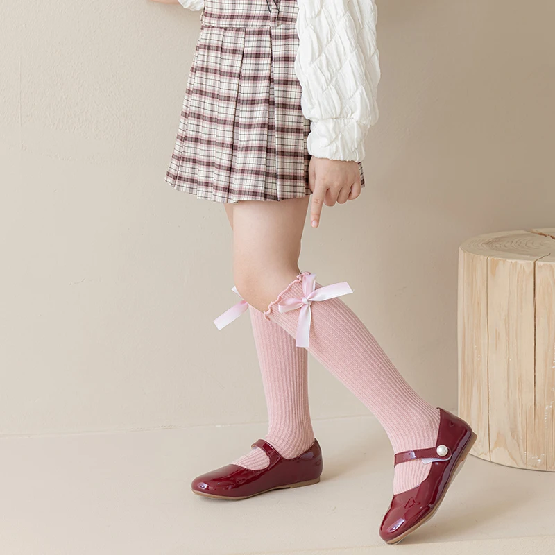 Lovely Kids Calf Stacked Socks Delicate Gradient Bow Detail Solid Ruffled Edge Soft Elastic Socks For Girls Daily Dress Matching