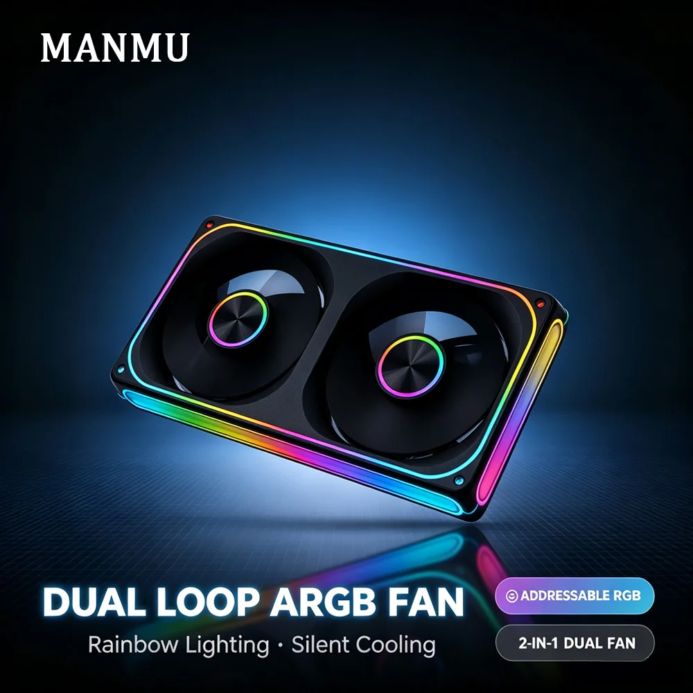 MANMU 2-in-1 ARGB PC Case Fan 120mm Dual Loop Rainbow Addressable RGB Cooling Fan Silent Computer Cooler for Gaming PC Chassis